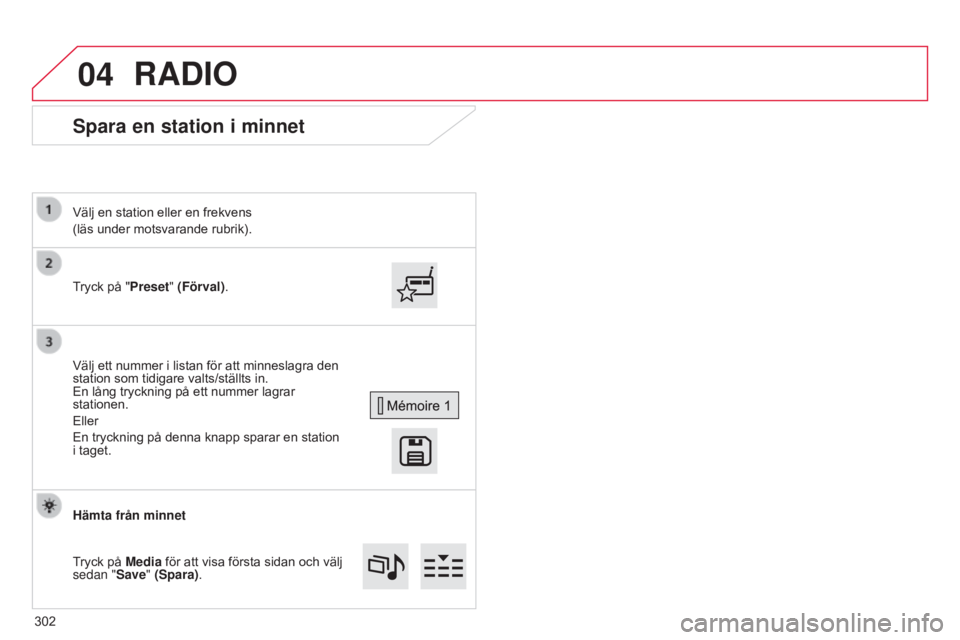 CITROEN C4 2015 InstruktionsbÖcker (in Swedish) 04
C4-2_sv_Chap13b_SMEGplus_ed01-2015
C4-2_sv_Chap13b_SMEGplus_ed01-2015
Spara en station i minnet
Tryck på "Preset" (Förval). Välj en station eller en frekvens
(läs under motsvarande rubr CITROEN C4 2015 InstruktionsbÖcker (in Swedish) 04
C4-2_sv_Chap13b_SMEGplus_ed01-2015
C4-2_sv_Chap13b_SMEGplus_ed01-2015
Spara en station i minnet
Tryck på "Preset" (Förval). Välj en station eller en frekvens
(läs under motsvarande rubr