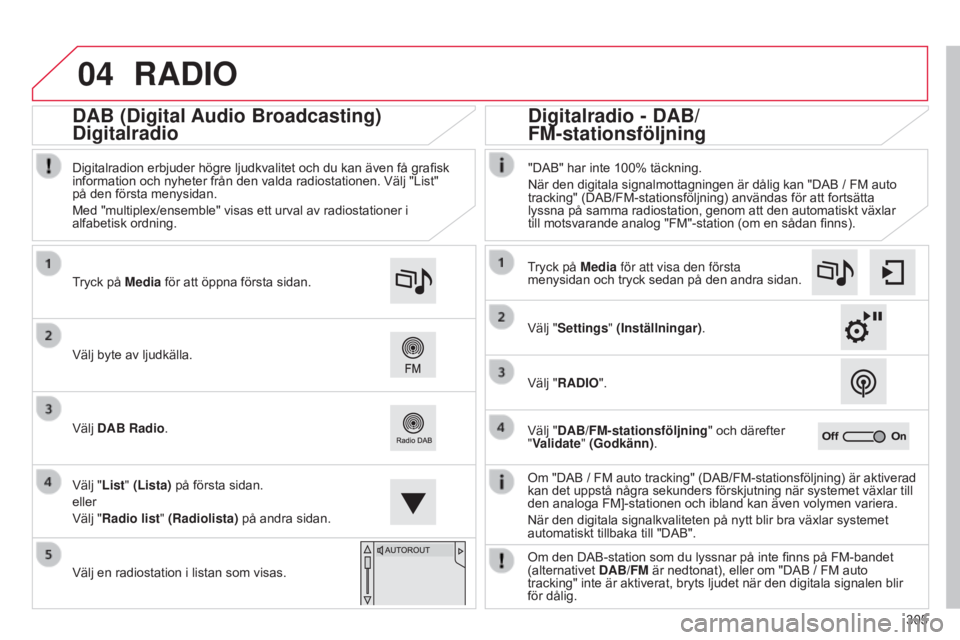 CITROEN C4 2015 InstruktionsbÖcker (in Swedish) 04
305
C4-2_sv_Chap13b_SMEGplus_ed01-2015
C4-2_sv_Chap13b_SMEGplus_ed01-2015
RADIO
Om "DAB / FM auto tracking" (DAB/FM-stationsföljning) är aktiverad
kan det uppstå några sekunders försk CITROEN C4 2015 InstruktionsbÖcker (in Swedish) 04
305
C4-2_sv_Chap13b_SMEGplus_ed01-2015
C4-2_sv_Chap13b_SMEGplus_ed01-2015
RADIO
Om "DAB / FM auto tracking" (DAB/FM-stationsföljning) är aktiverad
kan det uppstå några sekunders försk