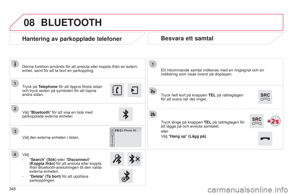 CITROEN C4 2015 InstruktionsbÖcker (in Swedish) 08
C4-2_sv_Chap13b_SMEGplus_ed01-2015
C4-2_sv_Chap13b_SMEGplus_ed01-2015
Besvara ett samtal
Ett inkommande samtal indikeras med en ringsignal och en
indikering som visas överst på displayen.
Tryck CITROEN C4 2015 InstruktionsbÖcker (in Swedish) 08
C4-2_sv_Chap13b_SMEGplus_ed01-2015
C4-2_sv_Chap13b_SMEGplus_ed01-2015
Besvara ett samtal
Ett inkommande samtal indikeras med en ringsignal och en
indikering som visas överst på displayen.
Tryck
