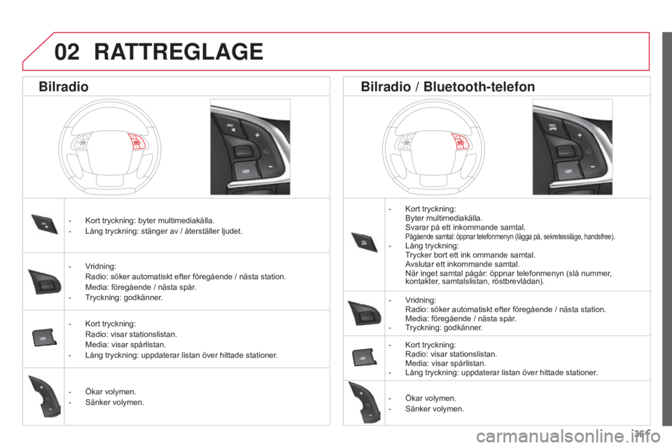 CITROEN C4 2015 InstruktionsbÖcker (in Swedish) 361
C4-2_sv_Chap13c_RD5_ed01-2015
C4-2_sv_Chap13c_RD5_ed01-2015
RATTREGLAGE
- Kort tryckning: Byter multimediakälla. Svarar på ett inkommande samtal. Pågående samtal: öppnar telefonmenyn (lägga CITROEN C4 2015 InstruktionsbÖcker (in Swedish) 361
C4-2_sv_Chap13c_RD5_ed01-2015
C4-2_sv_Chap13c_RD5_ed01-2015
RATTREGLAGE
- Kort tryckning: Byter multimediakälla. Svarar på ett inkommande samtal. Pågående samtal: öppnar telefonmenyn (lägga