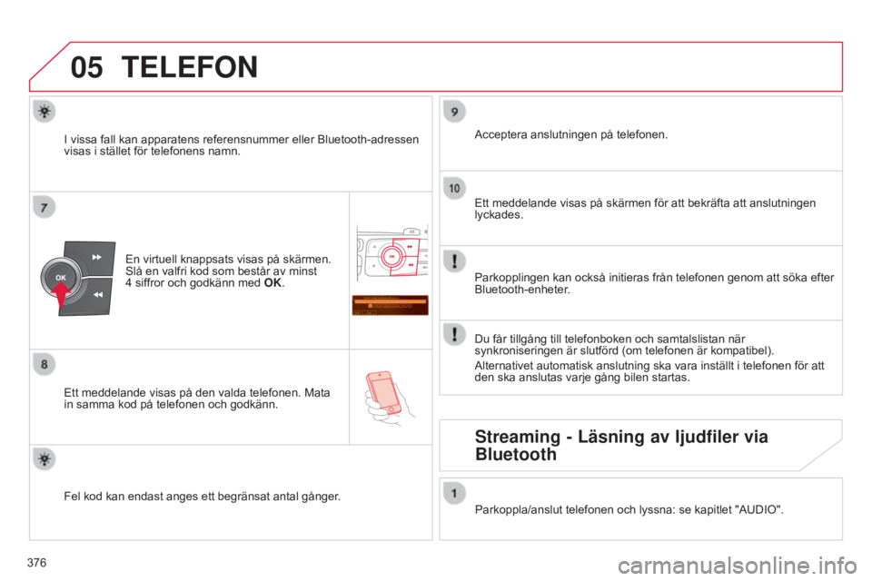 CITROEN C4 2015  InstruktionsbÖcker (in Swedish) 05
Saisir code authentification
01
OK Del 23456789
_
 
376
C4-2_sv_Chap13c_RD5_ed01-2015
C4-2_sv_Chap13c_RD5_ed01-2015
TELEFON
En virtuell knappsats visas på skärmen. 
Slå en valfri kod som består
