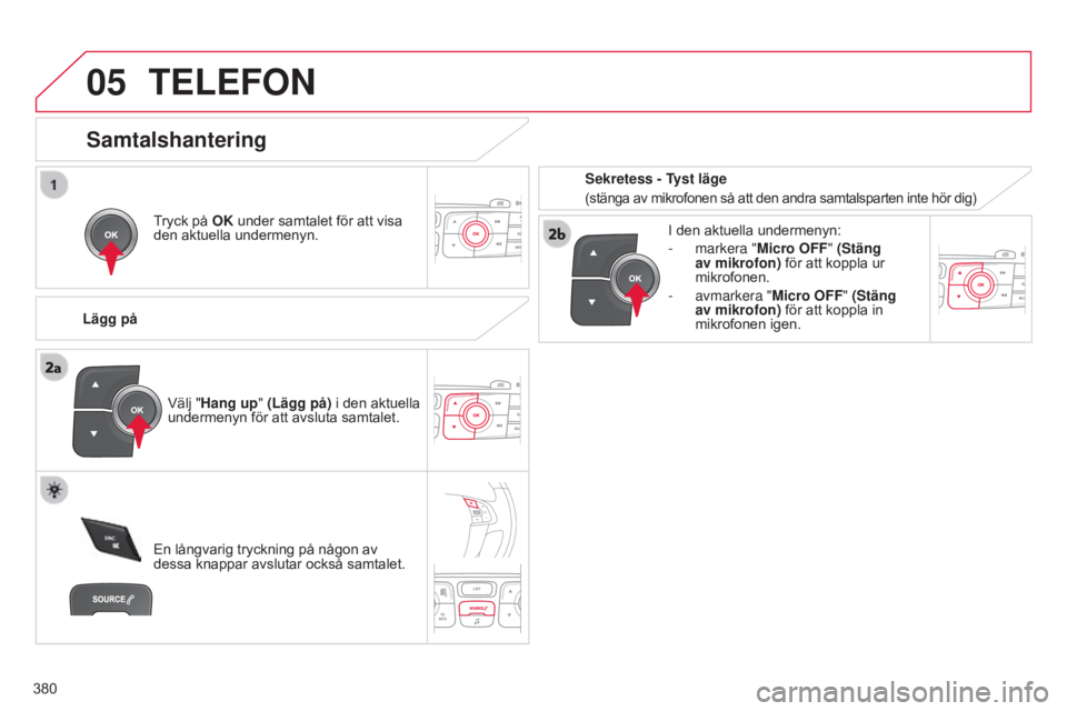 CITROEN C4 2015 InstruktionsbÖcker (in Swedish) 05
380
C4-2_sv_Chap13c_RD5_ed01-2015
C4-2_sv_Chap13c_RD5_ed01-2015
TELEFON
Tryck på OK under samtalet för att visa
den aktuella undermenyn.
Lägg på I den aktuella undermenyn:
-
markera "
CITROEN C4 2015 InstruktionsbÖcker (in Swedish) 05
380
C4-2_sv_Chap13c_RD5_ed01-2015
C4-2_sv_Chap13c_RD5_ed01-2015
TELEFON
Tryck på OK under samtalet för att visa
den aktuella undermenyn.
Lägg på I den aktuella undermenyn:
-
markera "