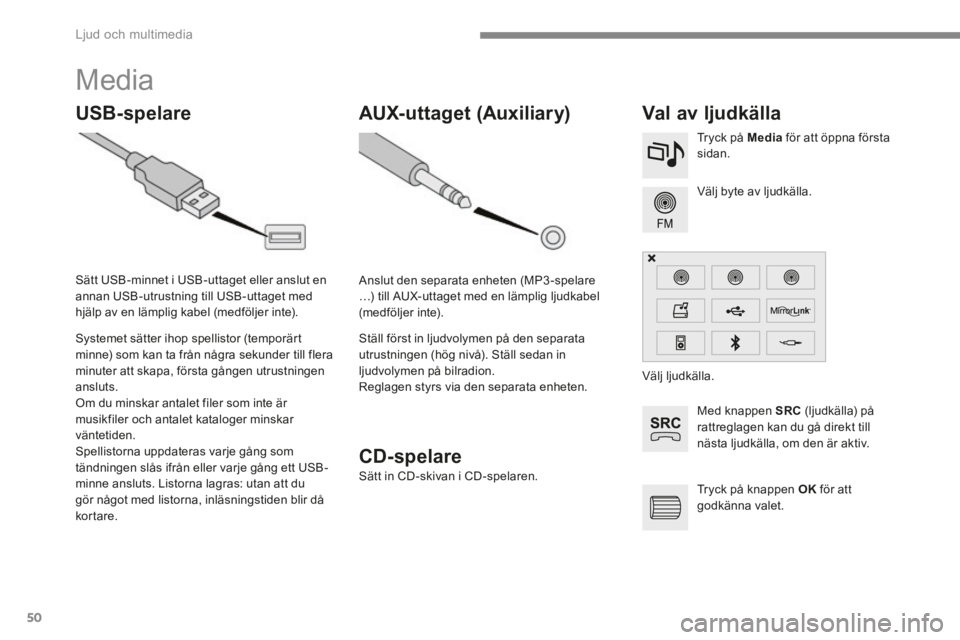 CITROEN C4 2015 InstruktionsbÖcker (in Swedish) Ljud och multimedia
50
C4-2-add_sv_Chap13b_SMEGplus_ed01-2015
Media
USB-spelare Val av ljudkälla
Med knappen SRC (ljudkälla) på rattreglagen kan du gå direkt CITROEN C4 2015 InstruktionsbÖcker (in Swedish) Ljud och multimedia
50
C4-2-add_sv_Chap13b_SMEGplus_ed01-2015
Media
USB-spelare Val av ljudkälla
Med knappen SRC (ljudkälla) på rattreglagen kan du gå direkt