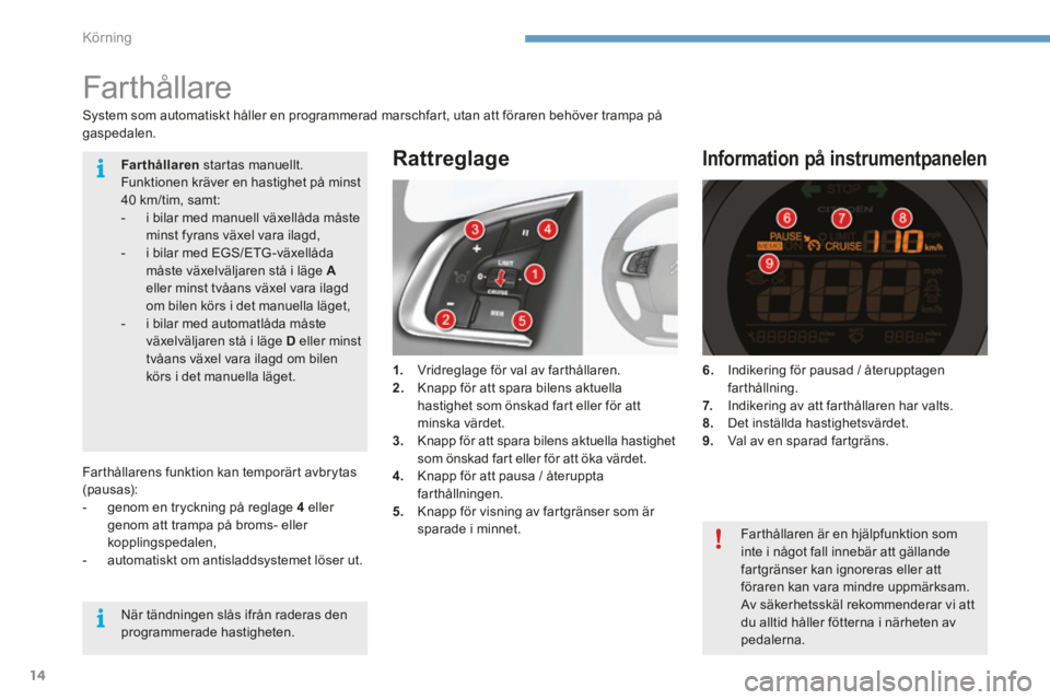 CITROEN C4 2015 InstruktionsbÖcker (in Swedish) Körning
14
C4-2-add_sv_Chap09_conduite_ed01-2015
Farthållare
1. Vridreglage för val av farthållaren. 2. Knapp för att spara bilens aktuella hastighet som önskad fart eller för att mi CITROEN C4 2015 InstruktionsbÖcker (in Swedish) Körning
14
C4-2-add_sv_Chap09_conduite_ed01-2015
Farthållare
1. Vridreglage för val av farthållaren. 2. Knapp för att spara bilens aktuella hastighet som önskad fart eller för att mi