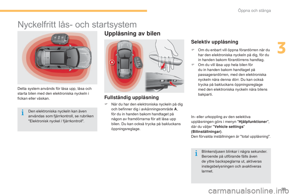 CITROEN C4 2015 InstruktionsbÖcker (in Swedish) 59
C4-2_sv_Chap03_ouvertures_ed01-2015
C4-2_sv_Chap03_ouvertures_ed01-2015
Nyckelfritt lås- och startsystem
Detta system används för låsa upp, låsa och
starta bilen med den elektroniska nyckeln CITROEN C4 2015 InstruktionsbÖcker (in Swedish) 59
C4-2_sv_Chap03_ouvertures_ed01-2015
C4-2_sv_Chap03_ouvertures_ed01-2015
Nyckelfritt lås- och startsystem
Detta system används för låsa upp, låsa och
starta bilen med den elektroniska nyckeln