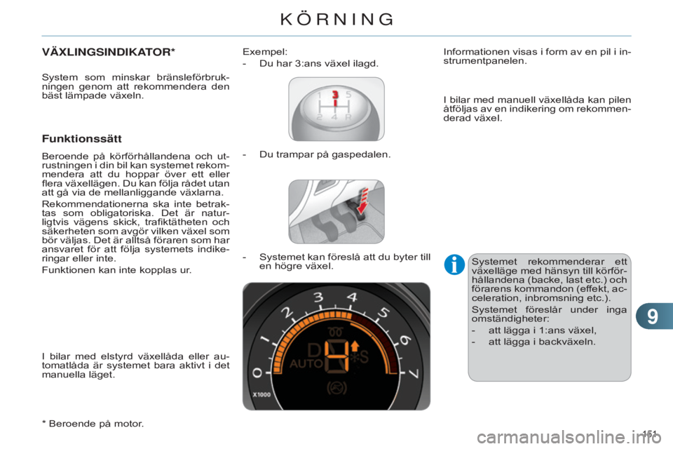 CITROEN C4 2014 InstruktionsbÖcker (in Swedish) 99
151
C4-2_sv_Chap09_conduite_ed01-2014
VÄxLINGSINDIKATOR*
Funktionssätt
Beroende på körförhållandena och ut-
rustningen i din bil kan systemet rekom-
mendera att du hoppar över ett CITROEN C4 2014 InstruktionsbÖcker (in Swedish) 99
151
C4-2_sv_Chap09_conduite_ed01-2014
VÄxLINGSINDIKATOR*
Funktionssätt
Beroende på körförhållandena och ut-
rustningen i din bil kan systemet rekom-
mendera att du hoppar över ett