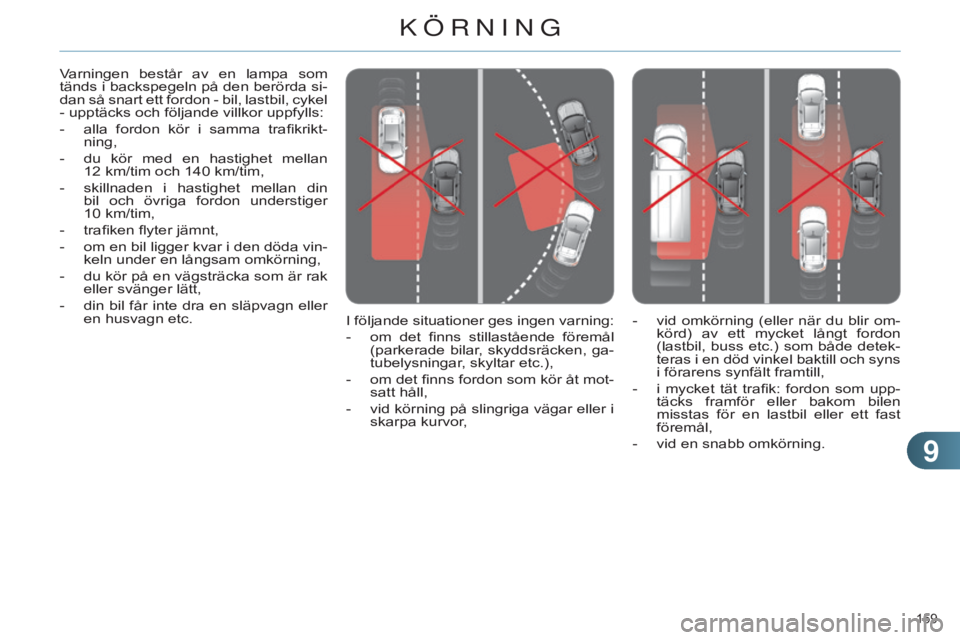 CITROEN C4 2014 InstruktionsbÖcker (in Swedish) 99
159
C4-2_sv_Chap09_conduite_ed01-2014
I följande situationer ges ingen varning:
-
om
det finns stillastående föremål
(parkerade bilar, skyddsräcken, ga-
tubelysningar, skyltar etc.),
- CITROEN C4 2014 InstruktionsbÖcker (in Swedish) 99
159
C4-2_sv_Chap09_conduite_ed01-2014
I följande situationer ges ingen varning:
-
om
det finns stillastående föremål
(parkerade bilar, skyddsräcken, ga-
tubelysningar, skyltar etc.),
-