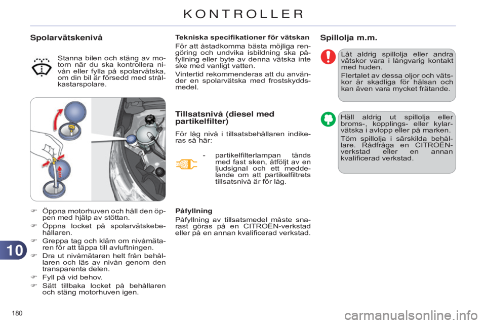 CITROEN C4 2014 InstruktionsbÖcker (in Swedish) 1010
180
C4-2_sv_Chap10_verification_ed01-2014
Spillolja m.m.
Låt aldrig spillolja eller andra
vätskor vara i långvarig kontakt
med huden.
Flertalet av dessa oljor och väts-
kor är s CITROEN C4 2014 InstruktionsbÖcker (in Swedish) 1010
180
C4-2_sv_Chap10_verification_ed01-2014
Spillolja m.m.
Låt aldrig spillolja eller andra
vätskor vara i långvarig kontakt
med huden.
Flertalet av dessa oljor och väts-
kor är s