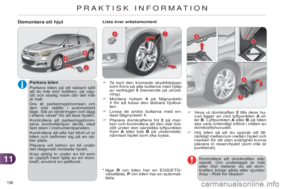 CITROEN C4 2014 InstruktionsbÖcker (in Swedish) 1111
198
C4-2_sv_Chap11_info-pratique_ed01-2014
Kontrollera att domkraften står
stabilt. Om underlaget är halt
eller löst riskerar du att dom-
kraften börjar glida eller sjunker CITROEN C4 2014 InstruktionsbÖcker (in Swedish) 1111
198
C4-2_sv_Chap11_info-pratique_ed01-2014
Kontrollera att domkraften står
stabilt. Om underlaget är halt
eller löst riskerar du att dom-
kraften börjar glida eller sjunker