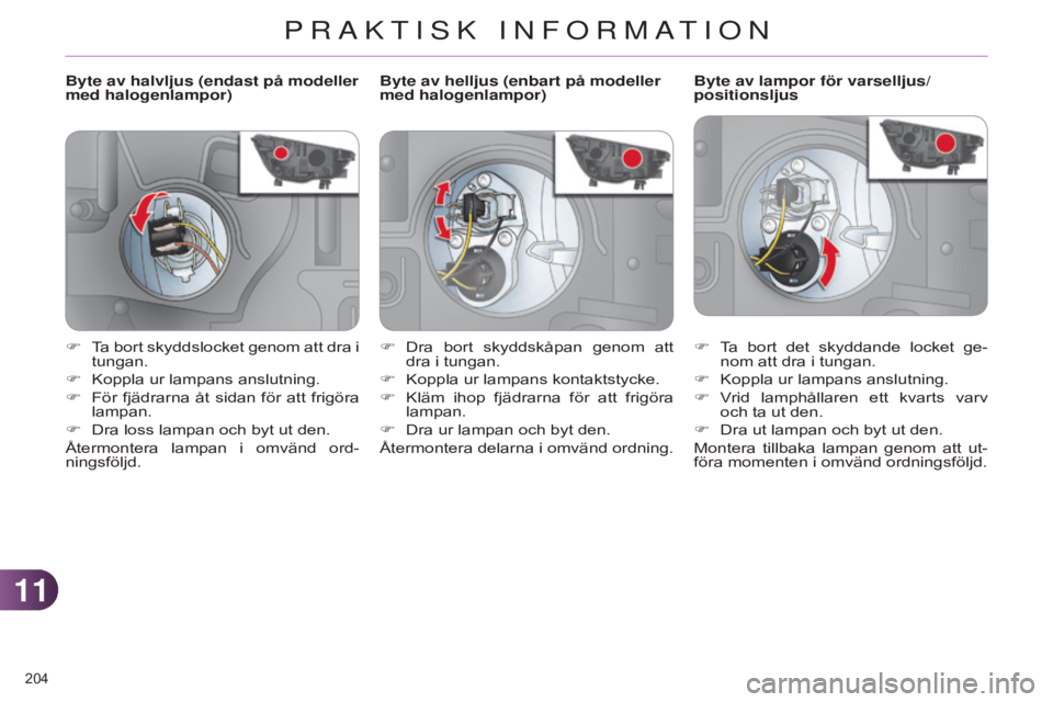 CITROEN C4 2014  InstruktionsbÖcker (in Swedish) 1111
204 
C4-2_sv_Chap11_info-pratique_ed01-2014
Byte av halvljus (endast på modeller 
med halogenlampor)Byte av lampor för varselljus/
positionsljus
F
 
T
 a  bort  det  skyddande  locket  ge-
nom 