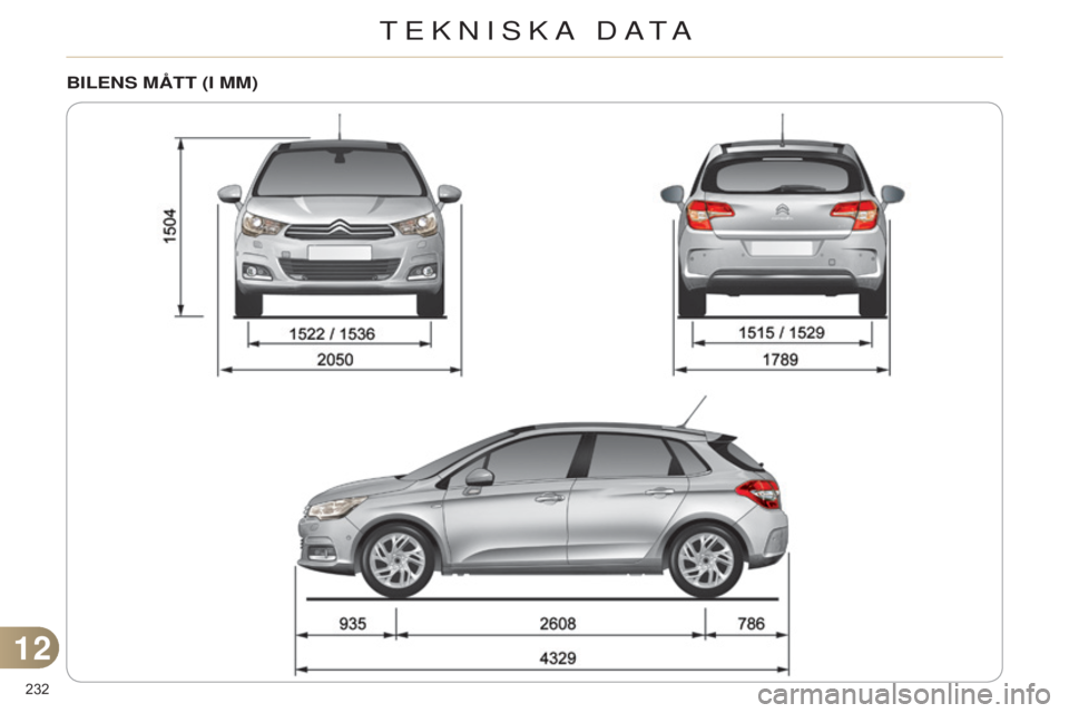CITROEN C4 2014  InstruktionsbÖcker (in Swedish) 232 
C4-2_sv_Chap12_caracteristique_ed01-2014
BILENS MåTT (I MM)
12 
TEKNISKA DATA  