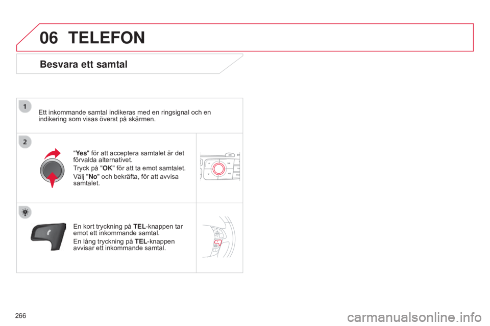 CITROEN C4 2014  InstruktionsbÖcker (in Swedish) 06
266
C4-2_sv_Chap13b_RT6_ed01-2014
TELEFON
Besvara ett samtal
Ett inkommande samtal indikeras med en ringsignal och en 
indikering som visas överst på skärmen."Ye s" för att acceptera sa