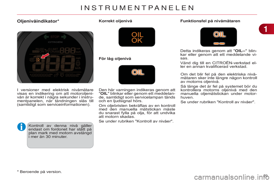 CITROEN C4 2014 InstruktionsbÖcker (in Swedish) 29
C4-2_sv_Chap01_controle-de-marche_ed01-2014
Oljenivåindikator*
Kontroll av denna nivå gäller
endast om fordonet har stått på
plan mark med motorn avstängd
i mer än 30 minuter. CITROEN C4 2014 InstruktionsbÖcker (in Swedish) 29
C4-2_sv_Chap01_controle-de-marche_ed01-2014
Oljenivåindikator*
Kontroll av denna nivå gäller
endast om fordonet har stått på
plan mark med motorn avstängd
i mer än 30 minuter.
