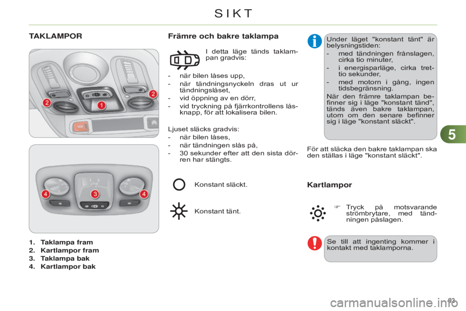 CITROEN C4 2014  InstruktionsbÖcker (in Swedish) 55
93 
C4-2_sv_Chap05_visibilite_ed01-2014
1. Taklampa fram
2. 
Kartlampor fram
3.

 
T
 aklampa bak
4.
 
Kartlampor bak
TAKLAMPOR
- när bilen låses upp,
-  
när 
 tändningsnyckeln  dras  ut  ur 
