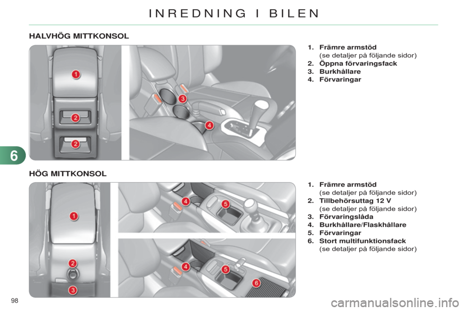 CITROEN C4 2014  InstruktionsbÖcker (in Swedish) 98 
C4-2_sv_Chap06_amenagement_ed01-2014
HALVHÖG MITTKONSOL
1. Främre armstöd
 (se detaljer på följande sidor)
2.

 
Öppna förvaringsfack
3.

 
Burkhållare
4.

 
Förvaringar
HÖG MITTKONSOL
1
