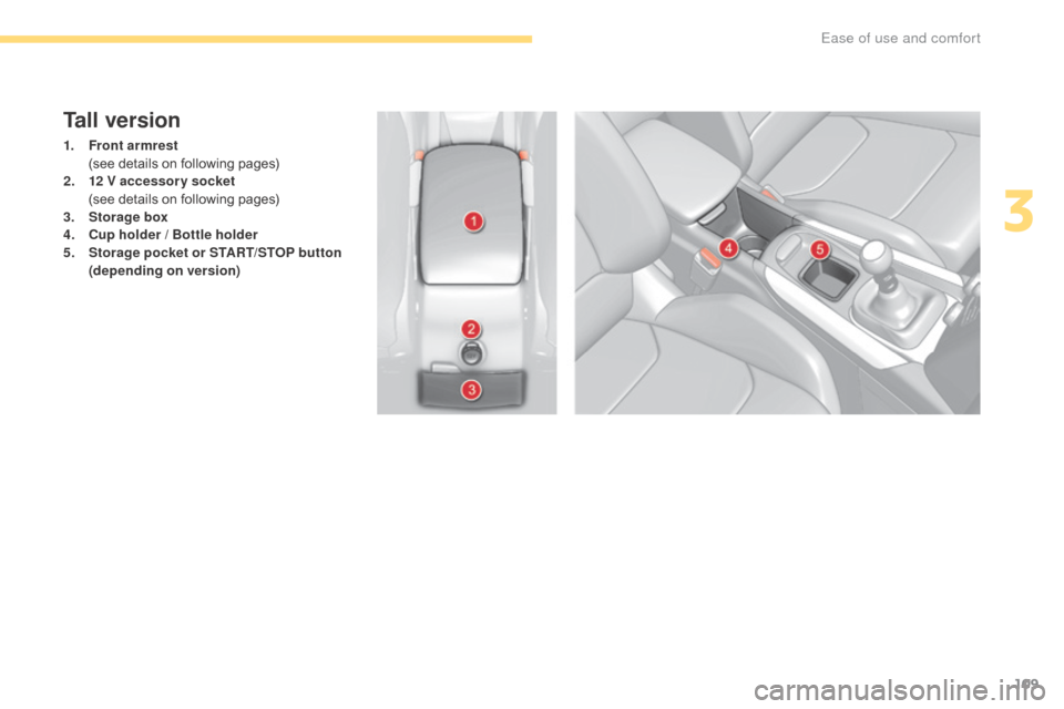 Citroen C4 2016 2.G Owners Manual 109
C4-2_en_Chap03_ergonomie-et-confort_ed02-2015
Tall version
1. Front armrest (
see details on following pages)
2.
1
2 V accessory socket
(
see details on following Citroen C4 2016 2.G Owners Manual 109
C4-2_en_Chap03_ergonomie-et-confort_ed02-2015
Tall version
1. Front armrest (
see details on following pages)
2.
1
2 V accessory socket
(
see details on following