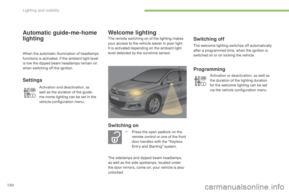 Citroen C4 2016 2.G Owners Manual 130
C4-2_en_Chap04_eclairage-et-visibilite_ed02-2015
Switching off
The welcome lighting switches off automatically after   a   programmed   time,   when   the   ignition   is  
s

witche