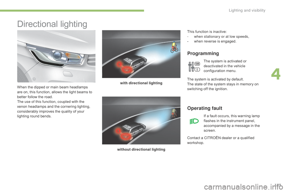 Citroen C4 2016 2.G Owners Manual 133
C4-2_en_Chap04_eclairage-et-visibilite_ed02-2015
Directional lighting
Programming
with directional lighting
without directional lighting
When
 
the
 
dipped
 
or
 
main
 
beam
 
headlamps
�
