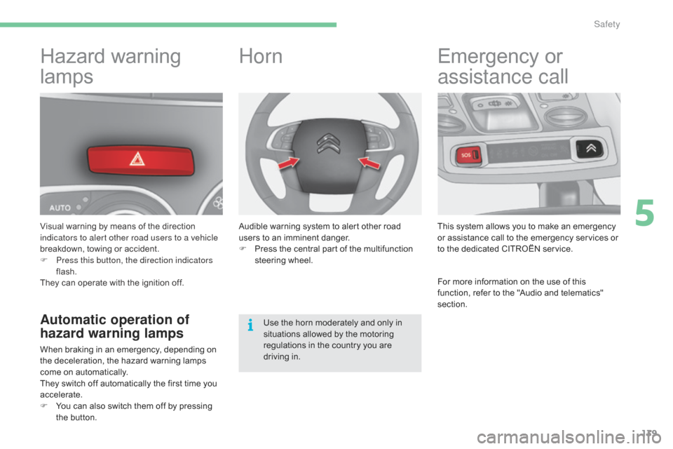 Citroen C4 2016 2.G Owners Manual 139
C4-2_en_Chap05_securite_ed02-2015
Hazard warning 
lam
ps
Visual warning by means of the direction i
ndicators to alert other road users to a vehicle 
breakdown,
  towing   or   acciden