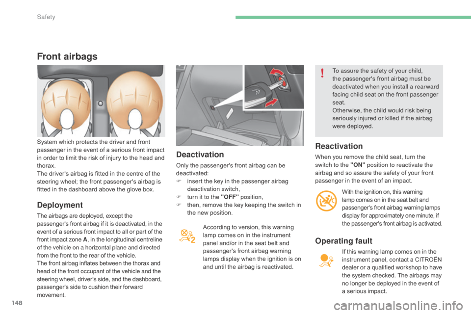 Citroen C4 2016 2.G Owners Manual 148
C4-2_en_Chap05_securite_ed02-2015
Deactivation
Only the passengers front airbag can be deactivated:
F
 
i
 nsert   the   key   in   the   passenger   airbag  
d

eactivation switch