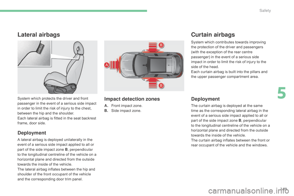 Citroen C4 2016 2.G Owners Manual 149
C4-2_en_Chap05_securite_ed02-2015
Lateral airbags
Deployment
A lateral airbag is deployed unilaterally in the event of a serious side impact applied to all or Citroen C4 2016 2.G Owners Manual 149
C4-2_en_Chap05_securite_ed02-2015
Lateral airbags
Deployment
A lateral airbag is deployed unilaterally in the event of a serious side impact applied to all or
