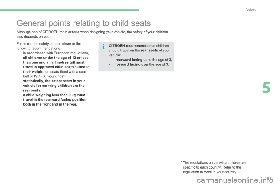 Citroen C4 2016 2.G Owners Manual 151
C4-2_en_Chap05_securite_ed02-2015
General points relating to child seats
Although one of CITROËN main criteria when designing your vehicle, the safety of your children also  