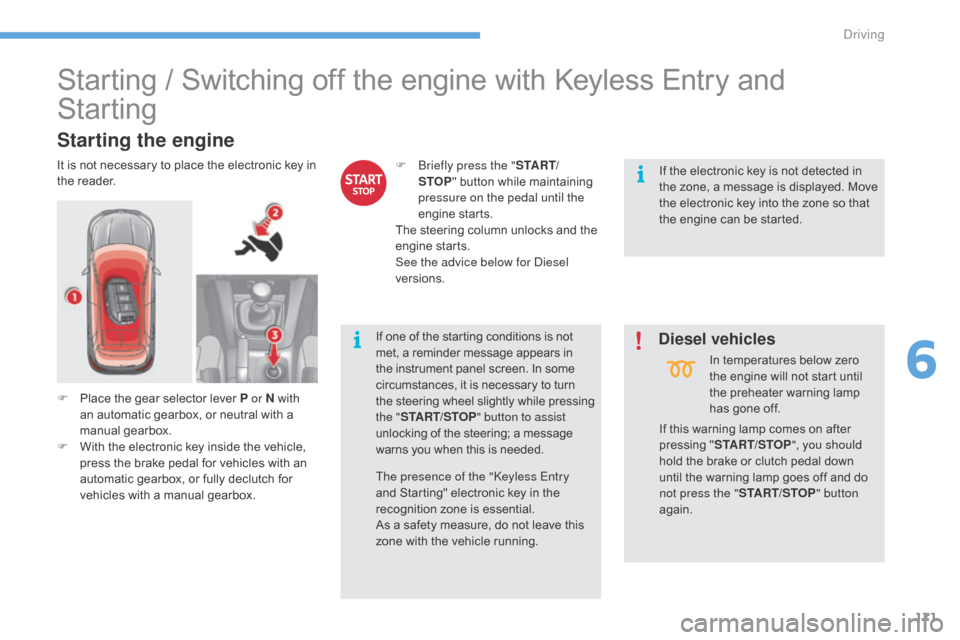 Citroen C4 2016 2.G Owners Manual 171
C4-2_en_Chap06_conduite_ed02-2015
Starting / Switching off the engine with Keyless Entry and 
S
tarting
Starting the engine
It is not necessary to place the electronic key in t