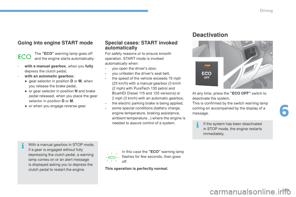 Citroen C4 2016 2.G Repair Manual 189
C4-2_en_Chap06_conduite_ed02-2015
Deactivation
Going into engine START mode
At any time, press the "ECO OFF" switch to 
d eactivate   the   system.
This
  is   confirmed   by   the   s