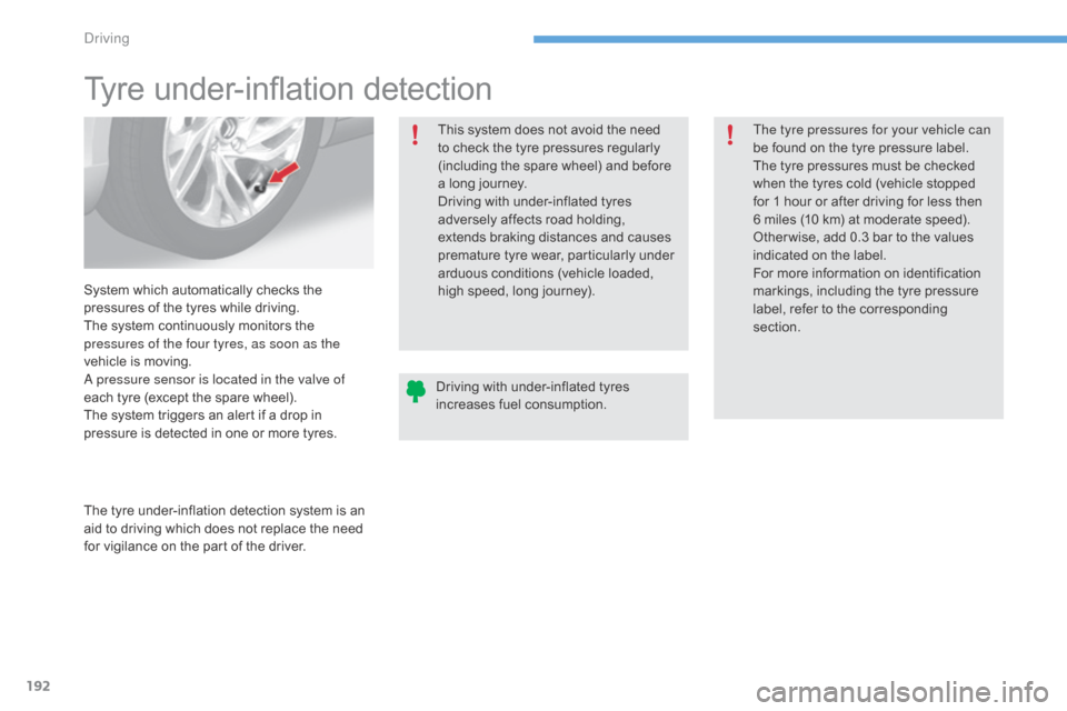 Citroen C4 2016 2.G Owners Manual 192
C4-2_en_Chap06_conduite_ed02-2015
Tyre under-inflation detection
System which automatically checks the p
ressures   of   the   tyres   while   driving.
The
  system   continuously  