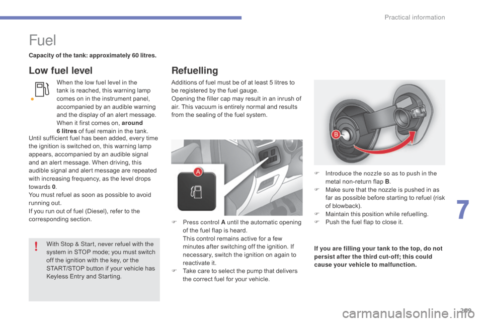 Citroen C4 2016 2.G Owners Manual 209
C4-2_en_Chap07_infos-pratiques_ed02-2015
Fuel
Capacity of the tank: approximately 60 litres.When the low fuel level in the 
tank
  is   reached,   this   warning   lamp  
c

omes   on   in