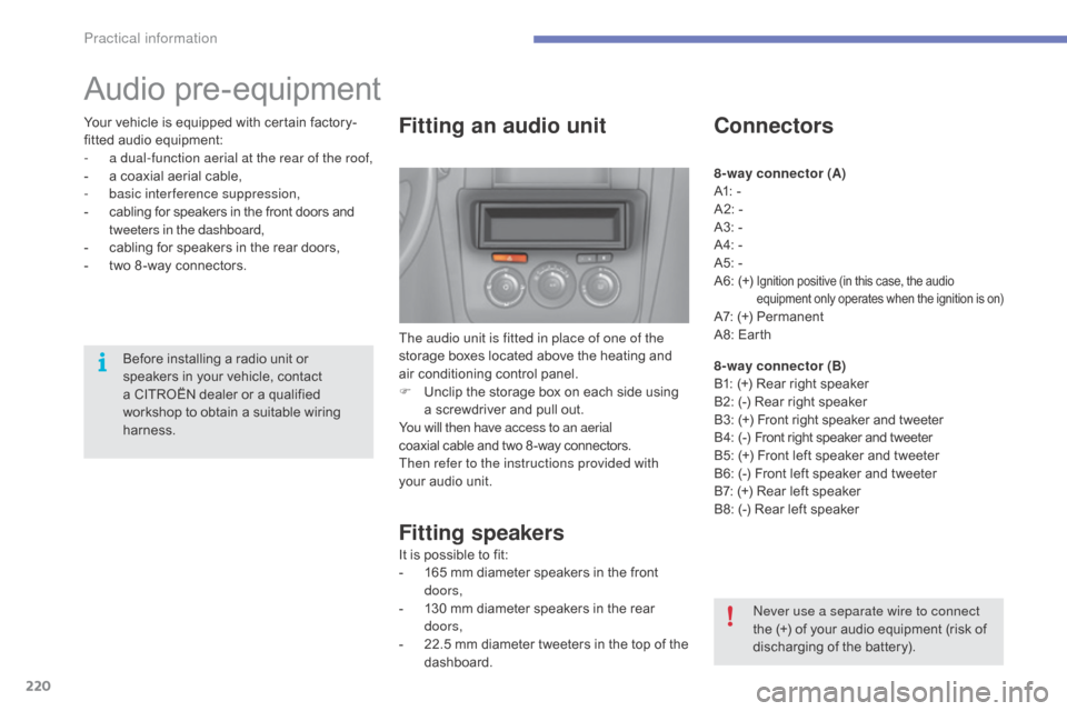 Citroen C4 2016 2.G Owners Manual 220
C4-2_en_Chap07_infos-pratiques_ed02-2015
Audio pre-equipment
Fitting an audio unit
The audio unit is fitted in place of one of the 
storage  boxes   located   above   the   heating   and  