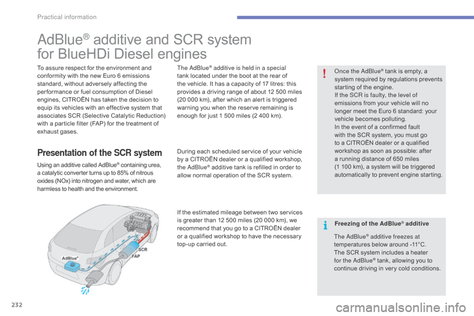 Citroen C4 2016 2.G Owners Manual 232
C4-2_en_Chap07_infos-pratiques_ed02-2015
AdBlue® additive and SCR system
f
or
 
BlueHDi   Diesel   engines
To assure respect for the environment and c
onformity   with   the   ne