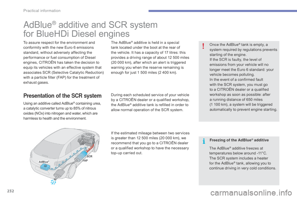 Citroen C4 2016 2.G Owners Manual 232
C4-2_en_Chap07_infos-pratiques_ed02-2015
AdBlue® additive and SCR system
f
or
BlueHDi Diesel engines
To assure respect for the environment and c
onformity with the ne Citroen C4 2016 2.G Owners Manual 232
C4-2_en_Chap07_infos-pratiques_ed02-2015
AdBlue® additive and SCR system
f
or
BlueHDi Diesel engines
To assure respect for the environment and c
onformity with the ne