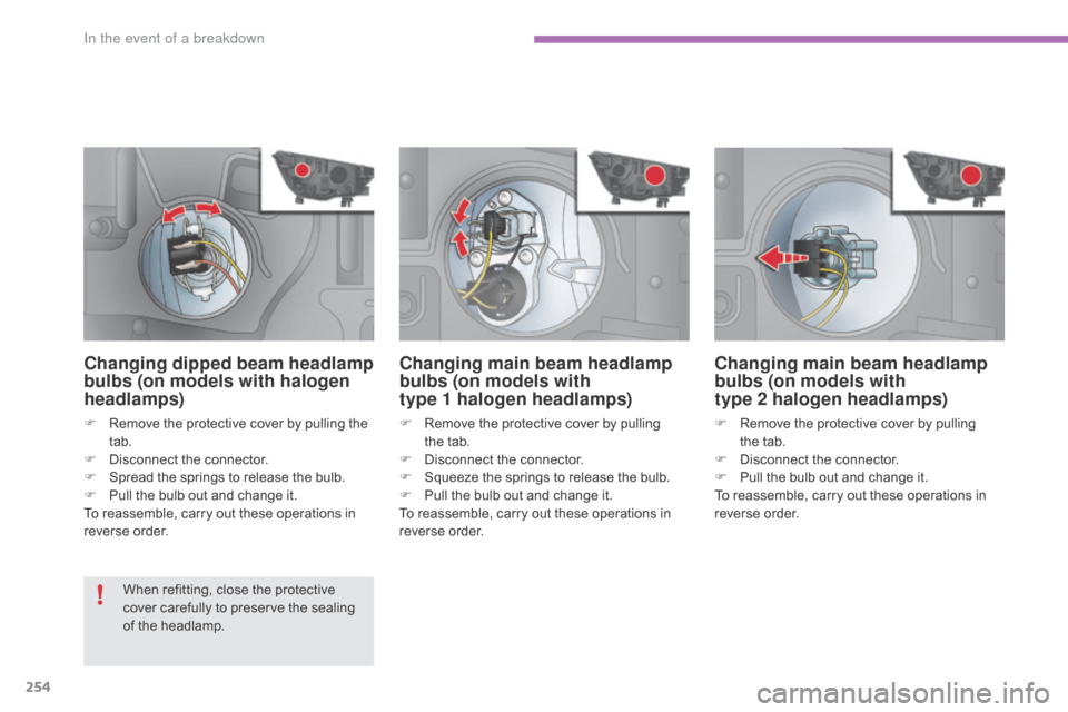 Citroen C4 2016 2.G Owners Guide 254
C4-2_en_Chap08_en-cas-de-panne_ed02-2015
Changing main beam headlamp
bulbs (on models with
type
1
halogen headlamps)
F Remove  the  protective  cover  by  pulling  t
he tab.
F
Citroen C4 2016 2.G Owners Guide 254
C4-2_en_Chap08_en-cas-de-panne_ed02-2015
Changing main beam headlamp
bulbs (on models with
type
1
halogen headlamps)
F Remove  the  protective  cover  by  pulling  t
he tab.
F