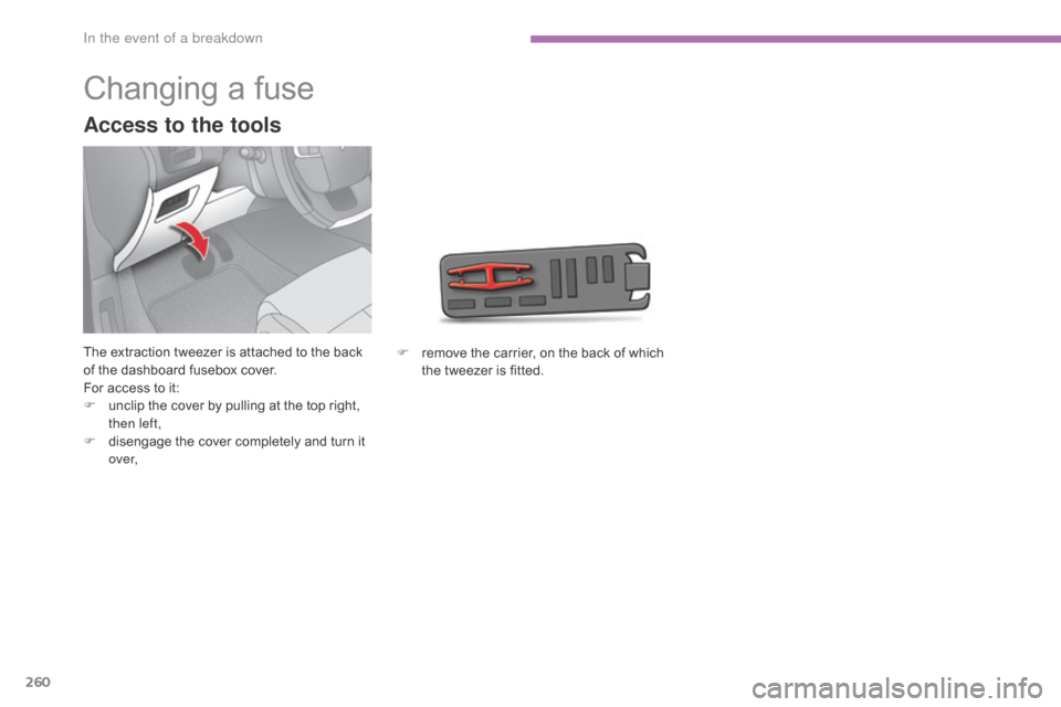 Citroen C4 2016 2.G Owners Manual 260
C4-2_en_Chap08_en-cas-de-panne_ed02-2015
Changing a fuse
The extraction tweezer is attached to the back of   the   dashboard   fusebox   cover.
For
  access   to   it:
F
 
u
 ncl