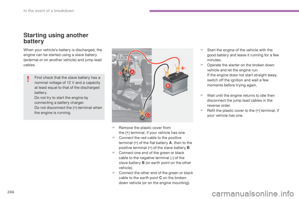 Citroen C4 2016 2.G Owners Manual 266
C4-2_en_Chap08_en-cas-de-panne_ed02-2015
When your vehicles battery is discharged, the engine can be started using a slave battery
(
external or on anothe Citroen C4 2016 2.G Owners Manual 266
C4-2_en_Chap08_en-cas-de-panne_ed02-2015
When your vehicles battery is discharged, the engine can be started using a slave battery
(
external or on anothe