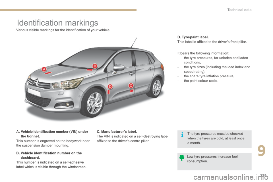 Citroen C4 2016 2.G Owners Manual 279
C4-2_en_Chap09_caracteristiques_ed02-2015
Identification markings
A.  Vehicle identification number (VIN) under 
the bonnet.
This
  number   is   engraved   on   the   bodywork   near  
t