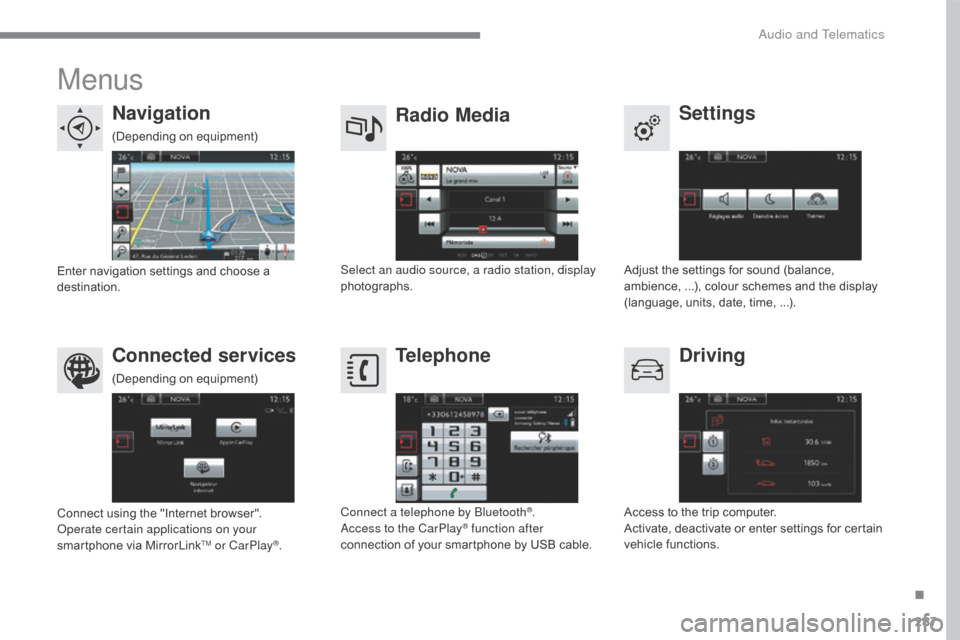 Citroen C4 2016 2.G Owners Manual 287
C4-2_en_Chap10b_SMEGplus_ed02-2015
Menus
Settings
Radio Media
Navigation
Driving
Connected services Telephone
Adjust the settings for sound (balance, a
mbience,   ...),   colour   schemes