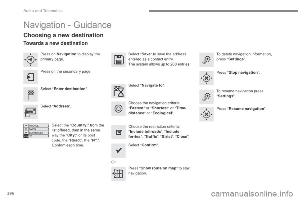 Citroen C4 2016 2.G Owners Manual 296
C4-2_en_Chap10b_SMEGplus_ed02-2015
Navigation - Guidance
Choosing a new destination
Select "Enter destination ". Select "
Save" to save the address
entered  as  a  contact  entry.
The  Citroen C4 2016 2.G Owners Manual 296
C4-2_en_Chap10b_SMEGplus_ed02-2015
Navigation - Guidance
Choosing a new destination
Select "Enter destination ". Select "
Save" to save the address
entered  as  a  contact  entry.
The Â