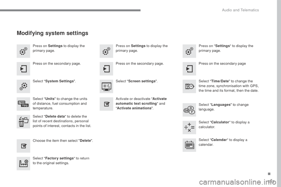 Citroen C4 2016 2.G Owners Manual 323
C4-2_en_Chap10b_SMEGplus_ed02-2015
Press on Settings to display the
primary pag e. Press on "
Settings" to display the
primary pag e.
Press on Settings
to display the
primary pag e.
Press
 Citroen C4 2016 2.G Owners Manual 323
C4-2_en_Chap10b_SMEGplus_ed02-2015
Press on Settings to display the
primary pag e. Press on "
Settings" to display the
primary pag e.
Press on Settings
to display the
primary pag e.
Press
Â