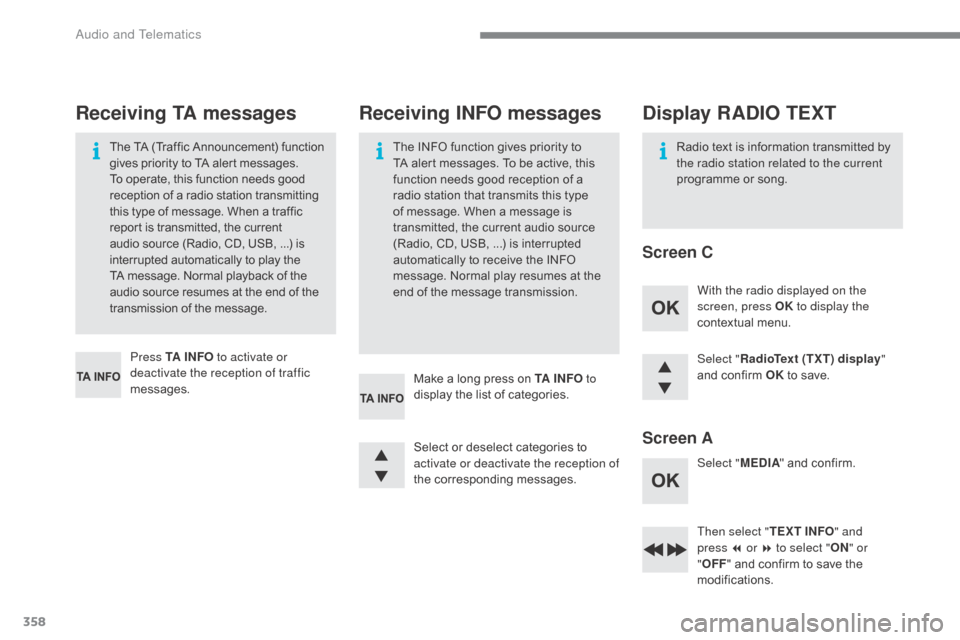 Citroen C4 2016 2.G Owners Manual 358
C4-2_en_Chap10c_RD5_ed02-2015
Select "RadioText (TXT) display " 
and   confirm   OK  to   save.
Then select " TEXT INFO" and 
press
  7 or 8 to select " ON" or 
" OFF "
  and   confirm   to