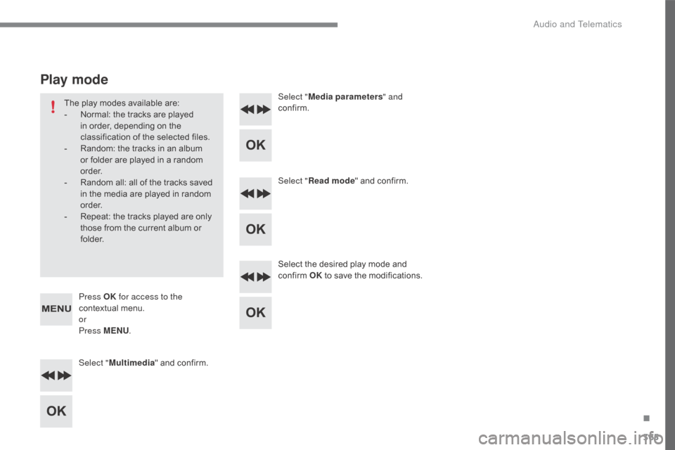 Citroen C4 2016 2.G Owners Manual 365
C4-2_en_Chap10c_RD5_ed02-2015
Select "Multimedia "   and   confirm. Select "
Media parameters " and 
confirm.
Select " Read mode "   and   confirm.
Select   the   desired   play   mode   