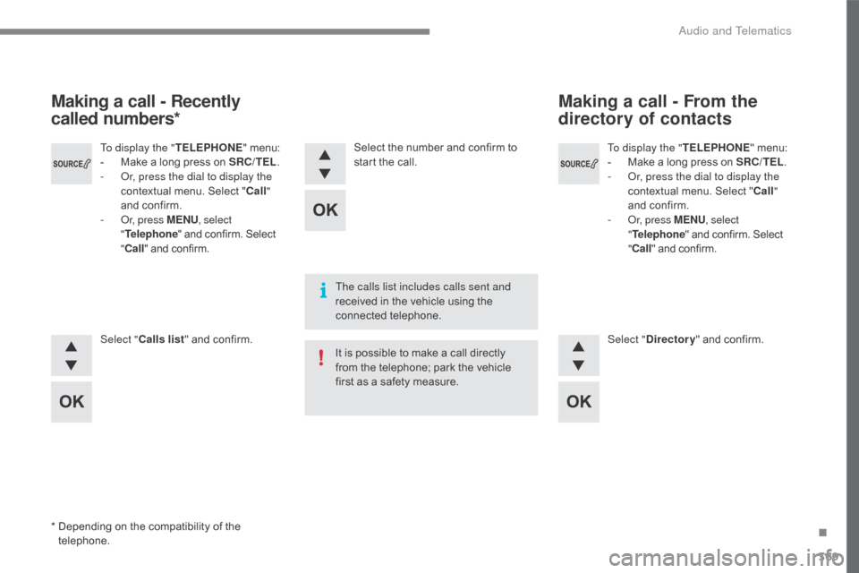 Citroen C4 2016 2.G Owners Manual 369
C4-2_en_Chap10c_RD5_ed02-2015
To display the "TELEPHONE" Â menu:
-  M ake  a  long  press  on  SRC/TEL.
-
O
r, press the dial to display the
contextual
 menu.  Select  "Call Citroen C4 2016 2.G Owners Manual 369
C4-2_en_Chap10c_RD5_ed02-2015
To display the "TELEPHONE" Â menu:
-  M ake  a  long  press  on  SRC/TEL.
-
O
r, press the dial to display the
contextual
 menu.  Select  "Call