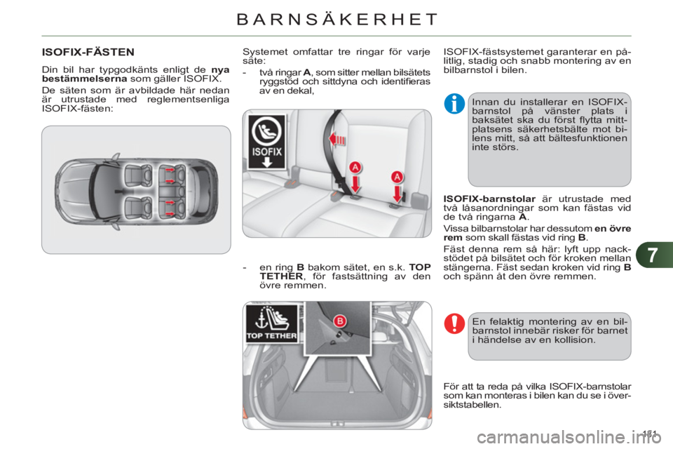 CITROEN C4 2013 InstruktionsbÖcker (in Swedish) 7
BARNSÄKERHET
131
ISOFIX-FÄSTEN
Din bil har typgodkänts enligt de nya
bestämmelserna
som gäller ISOFIX.
De säten som är avbildade här nedan
är utrustade med reglementsenliga
ISOF CITROEN C4 2013 InstruktionsbÖcker (in Swedish) 7
BARNSÄKERHET
131
ISOFIX-FÄSTEN
Din bil har typgodkänts enligt de nya
bestämmelserna
som gäller ISOFIX.
De säten som är avbildade här nedan
är utrustade med reglementsenliga
ISOF