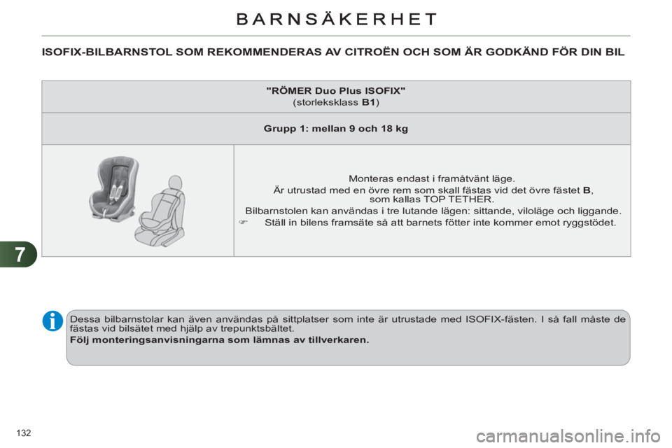 CITROEN C4 2013 InstruktionsbÖcker (in Swedish) 7
132
ISOFIX-BILBARNSTOL SOM REKOMMENDERAS AV CITROËN OCH SOM ÄR GODKÄND FÖR DIN BIL
"
RÖMER Duo Plus ISOFIX"
(storleksklass B1
)
Grupp 1: mellan 9 och 18 kg
Mo CITROEN C4 2013 InstruktionsbÖcker (in Swedish) 7
132
ISOFIX-BILBARNSTOL SOM REKOMMENDERAS AV CITROËN OCH SOM ÄR GODKÄND FÖR DIN BIL
"
RÖMER Duo Plus ISOFIX"
(storleksklass B1
)
Grupp 1: mellan 9 och 18 kg
Mo