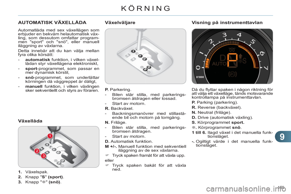 CITROEN C4 2013  InstruktionsbÖcker (in Swedish) 9
KÖRNING
159 
AUTOMATISK VÄXELLÅDA 
  Automatlåda med sex växellägen som 
erbjuder en bekväm helautomatisk väx-
ling, som dessutom omfattar program-
men "sport" och "snö", eller manuell 
il