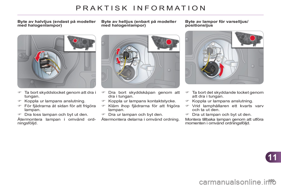 CITROEN C4 2013  InstruktionsbÖcker (in Swedish) 11
PRAKTISK INFORMATION
199 
   
 
 
 
 
 
 
 
 
 
Byte av halvljus (endast på modeller 
med halogenlampor)    
 
 
 
 
 
 
 
 
 
Byte av lampor för varselljus/
positionsljus 
   
 
�) 
  Ta bort de
