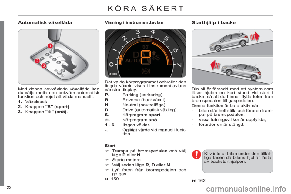 CITROEN C4 2013 InstruktionsbÖcker (in Swedish) 22
KÖRA SÄKERT
Automatisk växellåda
Med denna sexväxlade växellåda kan
du välja mellan en bekväm automatisk
funktion och nöjet att växla manuellt.
1.
Växelspak
CITROEN C4 2013 InstruktionsbÖcker (in Swedish) 22
KÖRA SÄKERT
Automatisk växellåda
Med denna sexväxlade växellåda kan
du välja mellan en bekväm automatisk
funktion och nöjet att växla manuellt.
1.
Växelspak