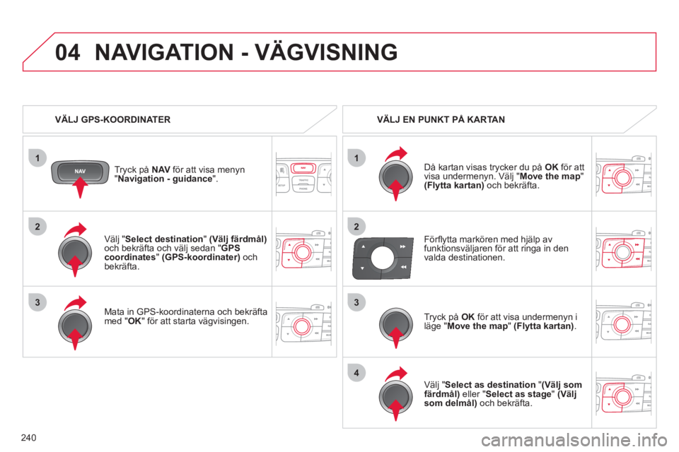 CITROEN C4 2013  InstruktionsbÖcker (in Swedish) 240
1
04
2
1
2
33
4
   
Välj " Select destination" (Välj färdmål)och bekräfta och välj sedan "GPScoordinates"(GPS-koordinater)och bekräfta.  
   
Mata in 
GPS-koordinaterna och bekräfta med"OK