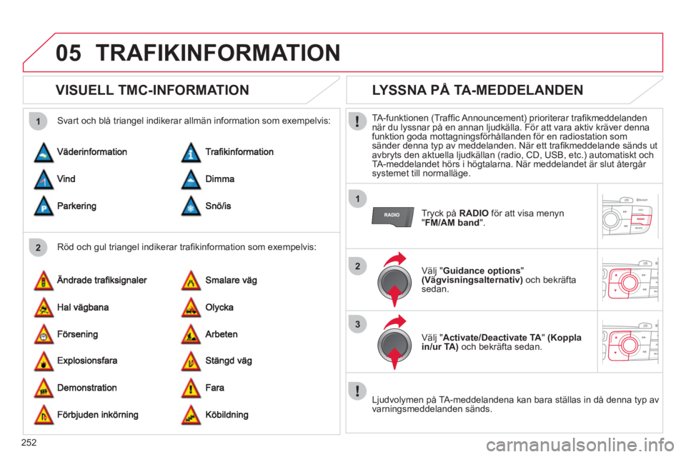 CITROEN C4 2013  InstruktionsbÖcker (in Swedish) 252
05
2 1
1
2
3
TRAFIKINFORMATION
   
 
 
 
 
 
VISUELL TMC-INFORMATION 
 
 
Röd och gul triangel indikerar traﬁ kinformation som exempelvis:    
Svart och blÂ trian
gel indikerar allm‰n inform